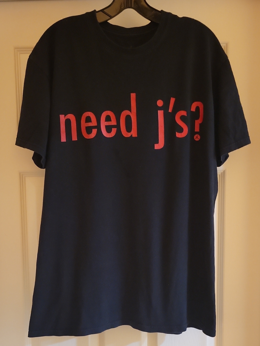 Jordan Navy Short Sleeve Tee with Red "need j's?" Graphic